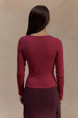 Wine Red V Neck Bodycon Long Sleeve Tee