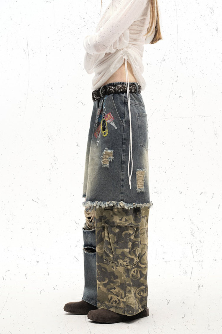 Camo Panel Distressed Wide Leg Jeans