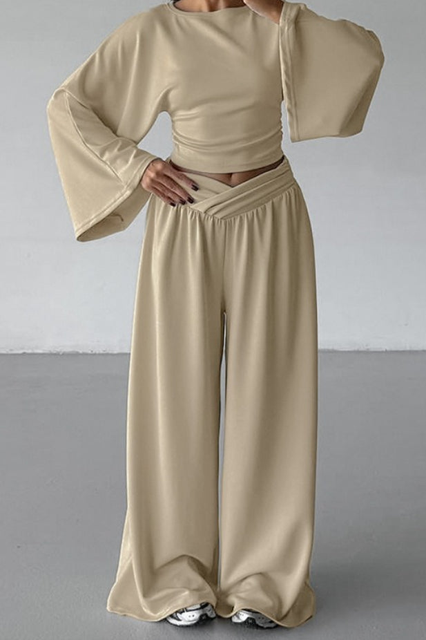 Casual Cinched Waist Flared Sleeve Top Palazzo Pants Set Secondary image