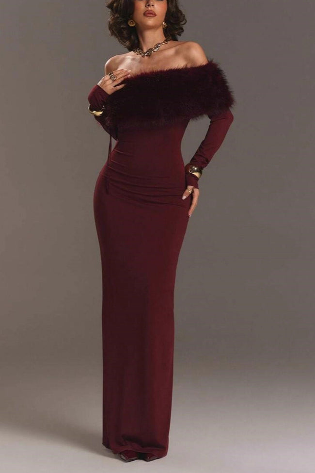 Fur Collar Off Shoulder Bodycon Dress Main image