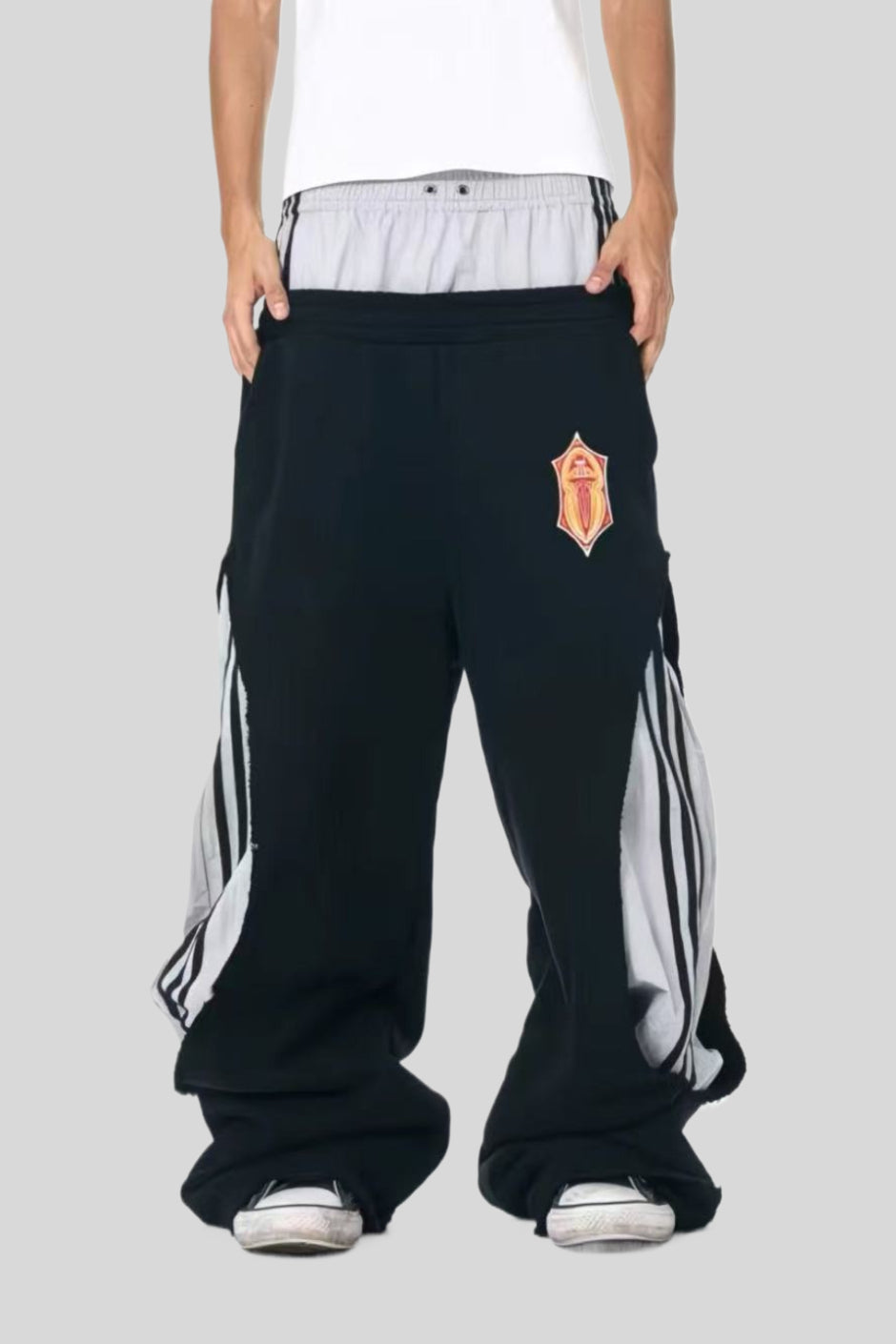 Contrast Double Waist Stripe Wide Leg Sweatpants