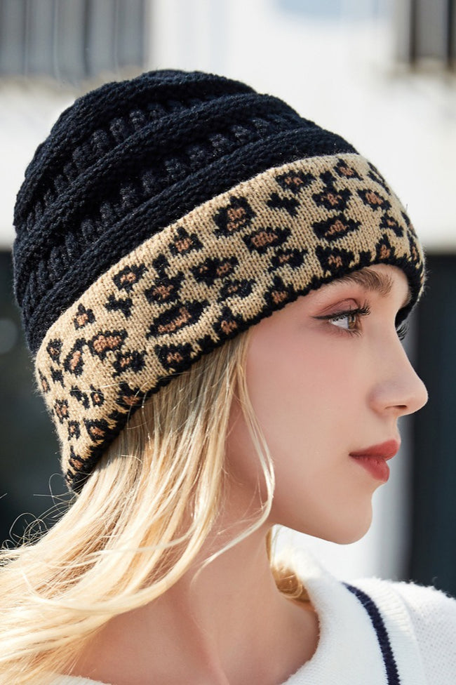 Warm Leopard Print Cable Knit Beanie Hat Main image