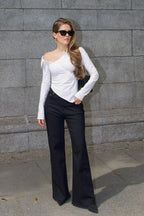Asymmetric Off Shoulder Diagonal Button Blouse