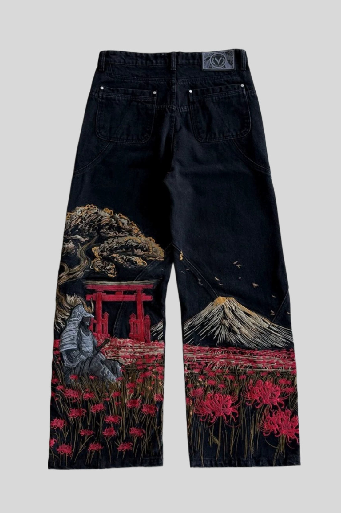 Mount Fuji Landscape Embroidered Wide Leg Jeans