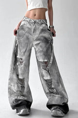 Tie Dye Ripped Wide Leg Jeans Grey / S