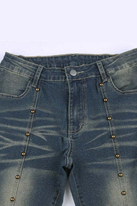 Front Rivet Slim Flare Leg Long Jeans