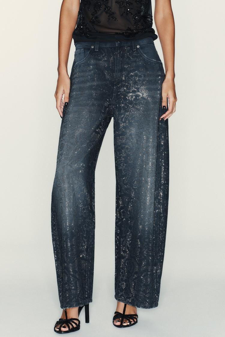 Low Rise Wide Leg Rhinestone Embellished Jeans