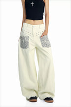 Leopard Pocket Stud Wide Leg Jeans