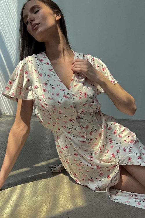 V Neck Tie Waist Short Sleeve Shirt Floral Dress Secondary image