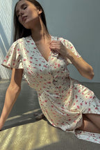 V Neck Tie Waist Short Sleeve Shirt Floral Dress