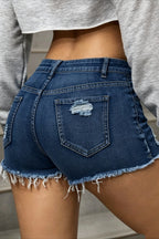 Distressed Low Rise Frayed Hem Denim Shorts