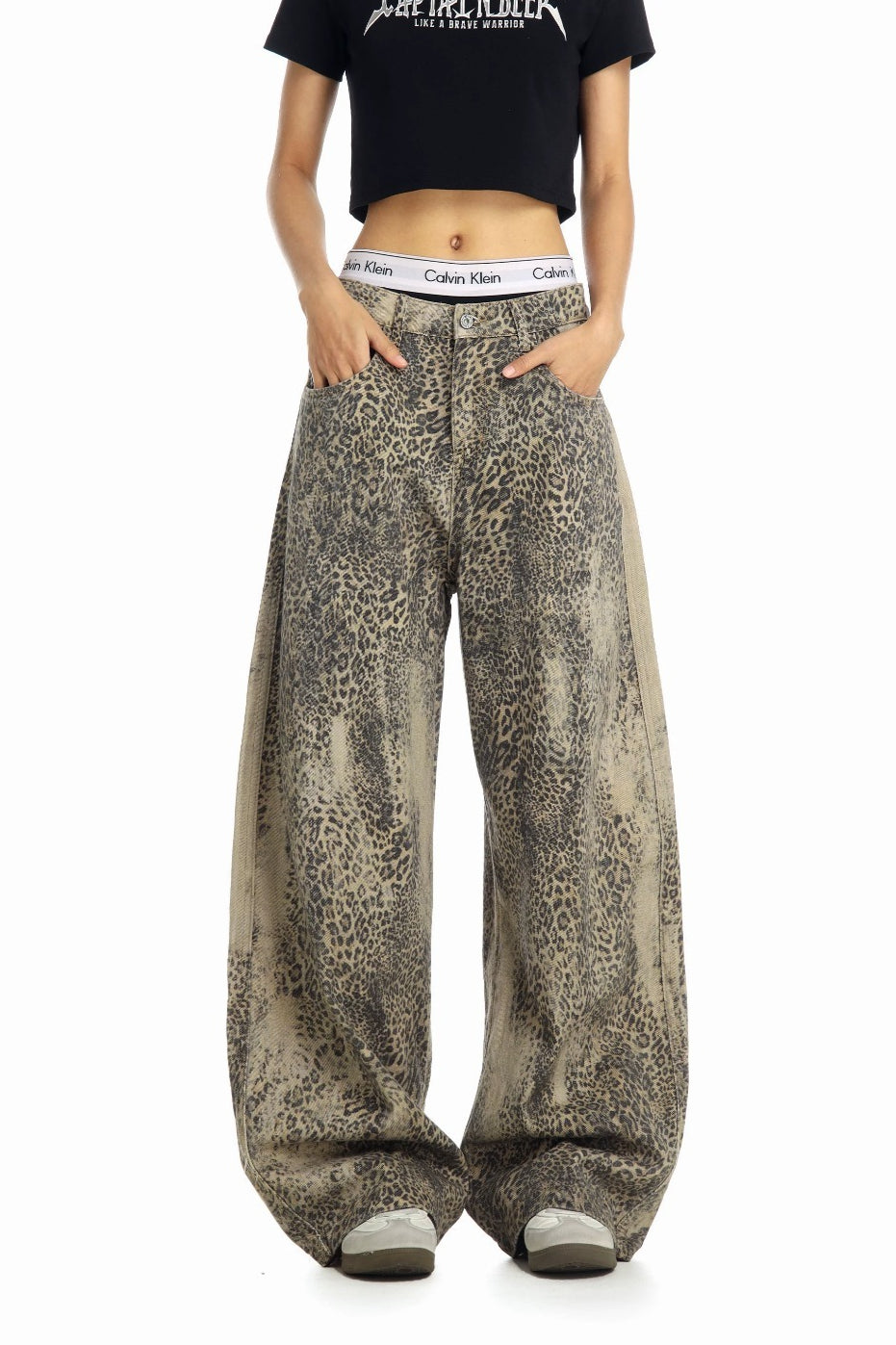 Leopard Print Cargo Wide Leg Jeans