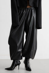 Drawstring Cuff PU Leather Relaxed Pants