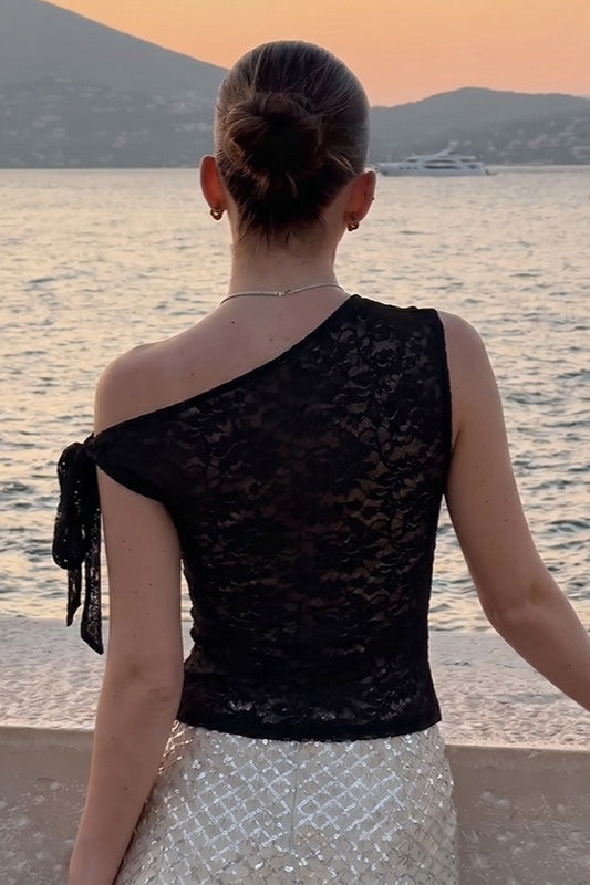 Lace Mesh Sheer Tie Asymmetric Crop Top Secondary image