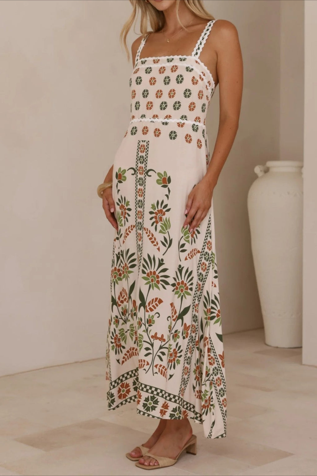 Linen Lace Trim Spaghetti Strap Boho Dress