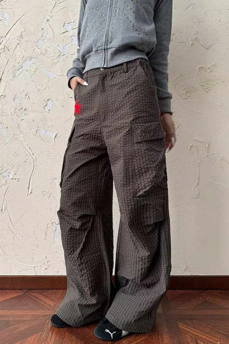 Red Embroidered Wide Leg Cargo Pants