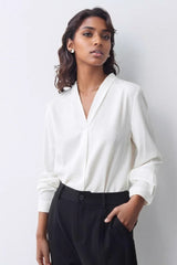V Neck Satin Long Sleeve Blouse