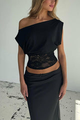 Asymmetric Collar Lace Sheer Sleeveless Crop Top
