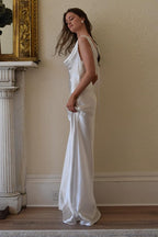 Satin Off Shoulder Backless Tie Waist Slim Fit Long Sexy Prom Dress
