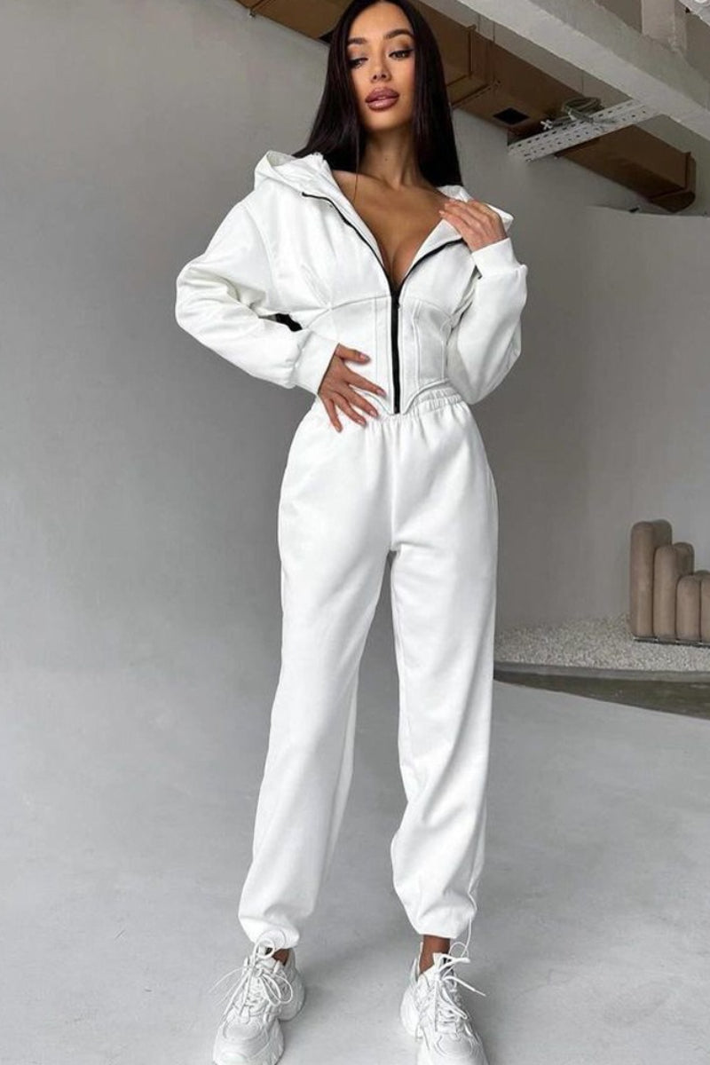 Cropped Zip Hoodie Wide Leg Pants Set