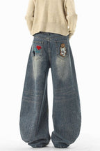 Cartoon Patch Embroidered Wide Leg Jeans