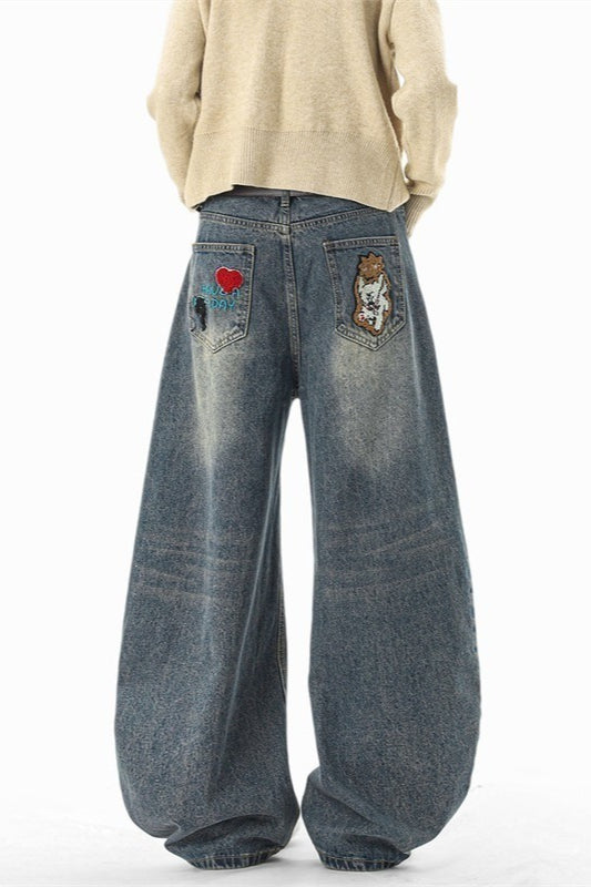 Cartoon Patch Embroidered Wide Leg Jeans