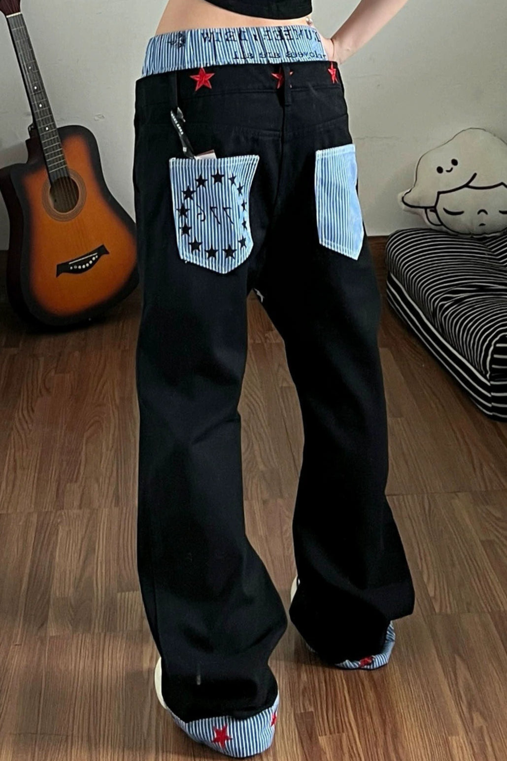 Double Waist Typography Wide Leg Jeans