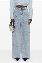 Rhinestone High Waist Denim Wide Leg Jeans