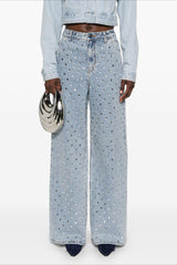 Rhinestone High Waist Denim Wide Leg Jeans