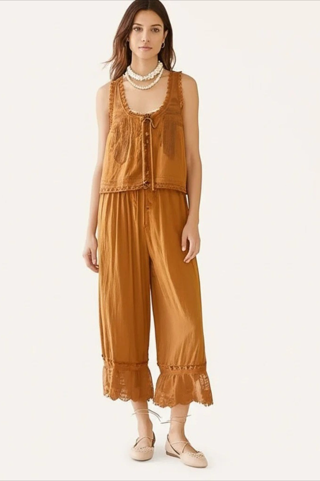 Patchwork Lace Sleeveless Top Boho Pants Set