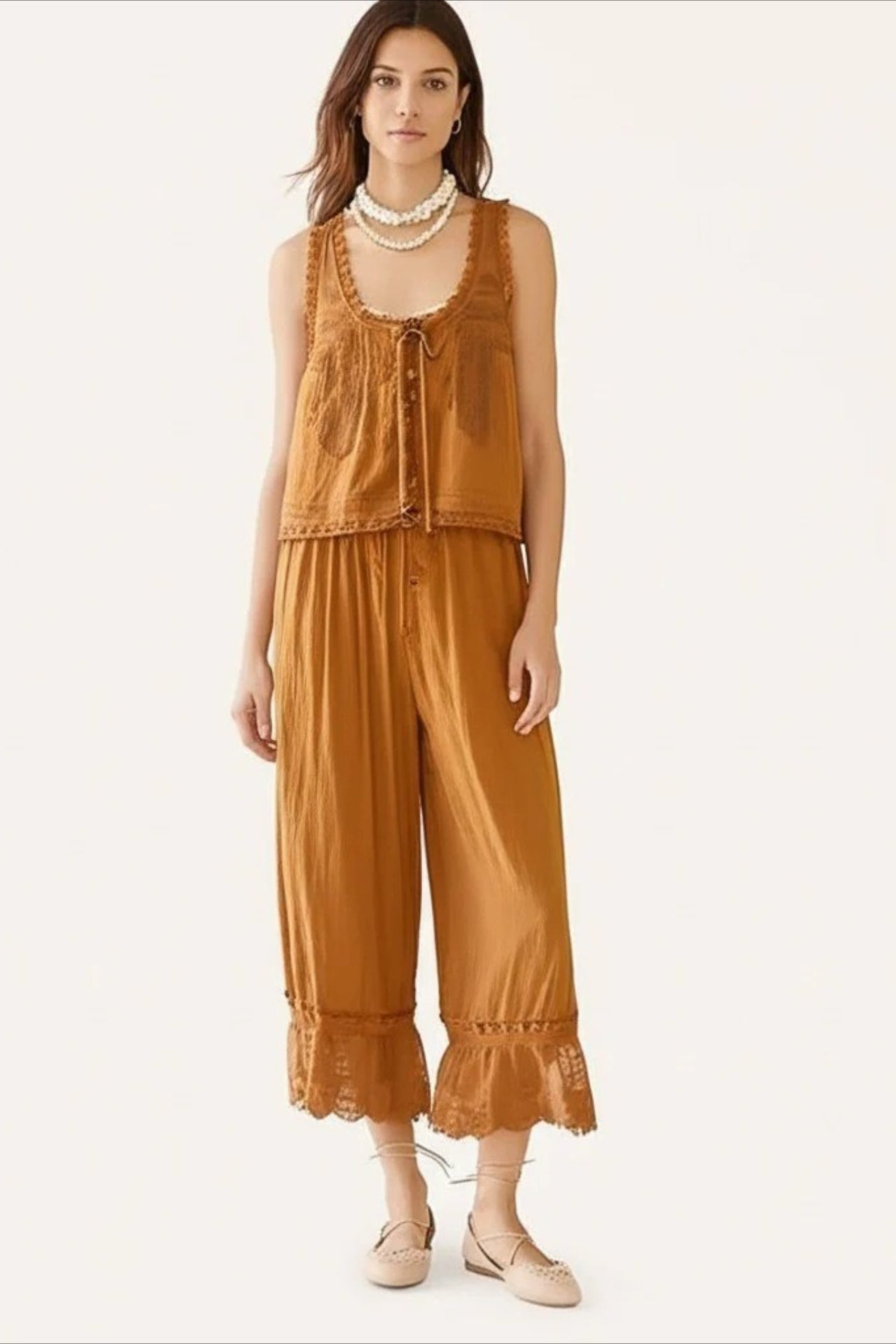 Patchwork Lace Sleeveless Top Boho Pants Set