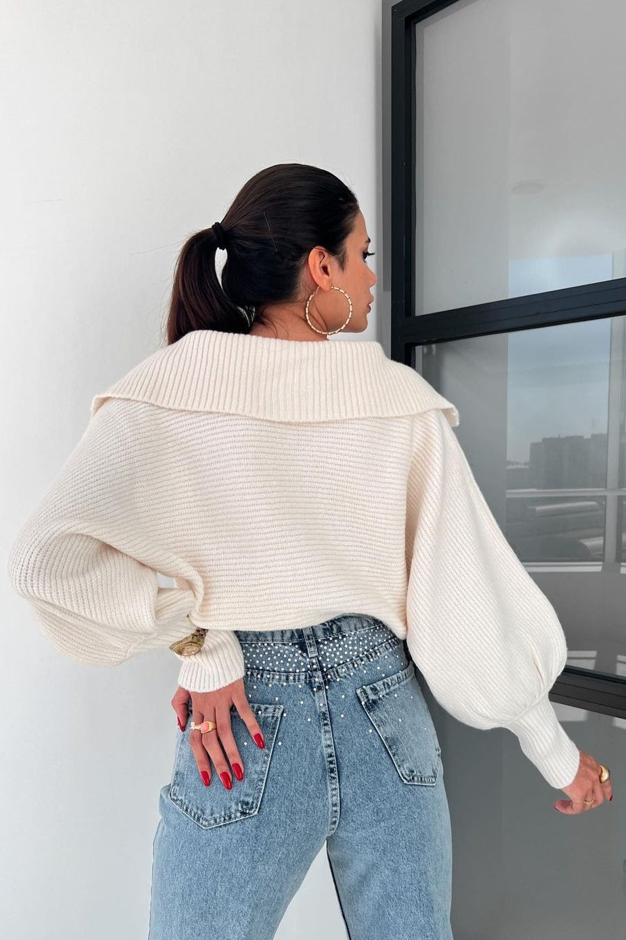 Lantern Sleeve Open Collar Knit Sweater