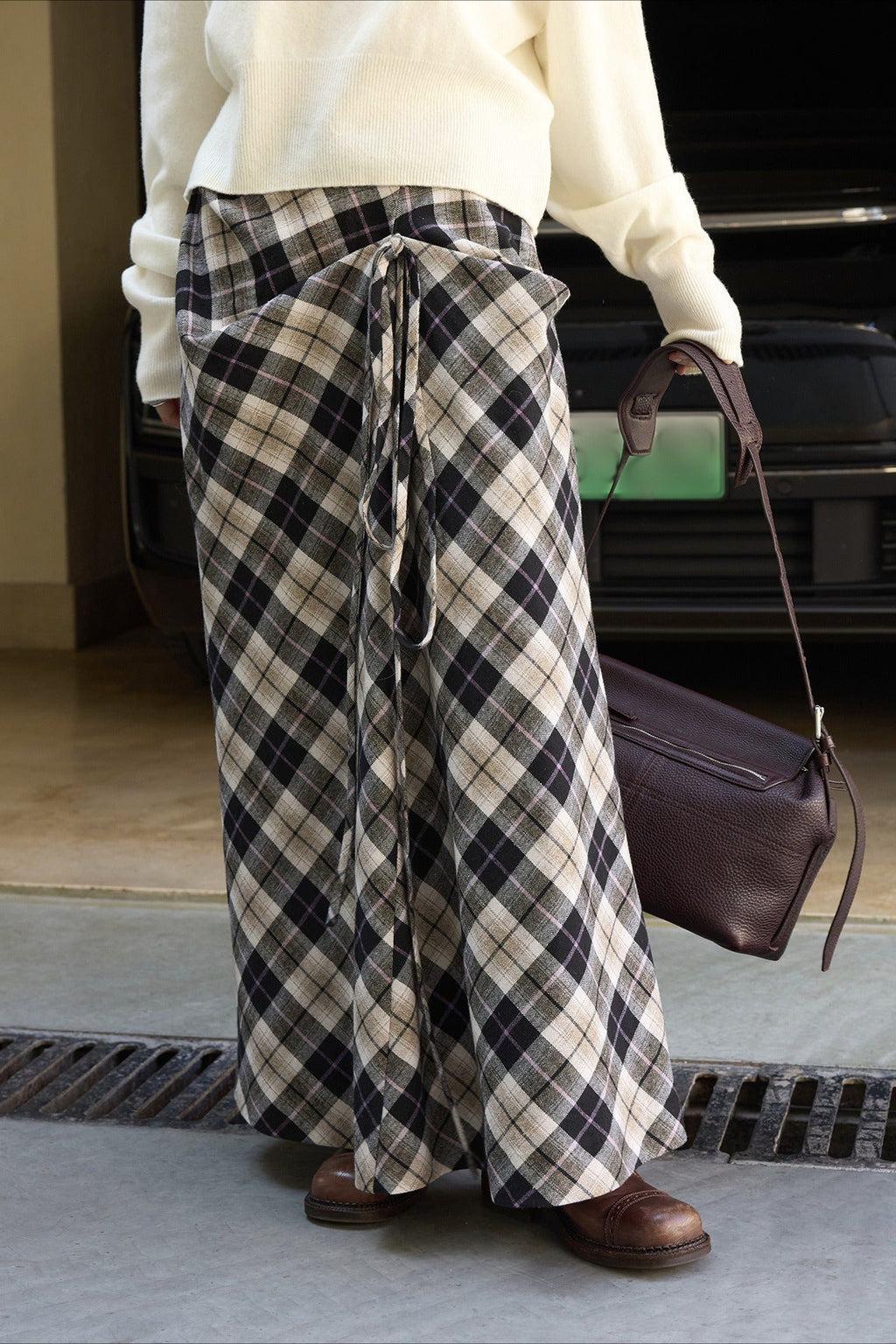 Asymmetric Color Block Plaid Midi Skirt