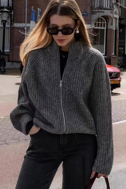 Minimalist Solid Color Double Zipper Stand Collar Sweater Secondary image