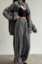 Stand Collar Suede Jacket Wide Leg Two Piece Set