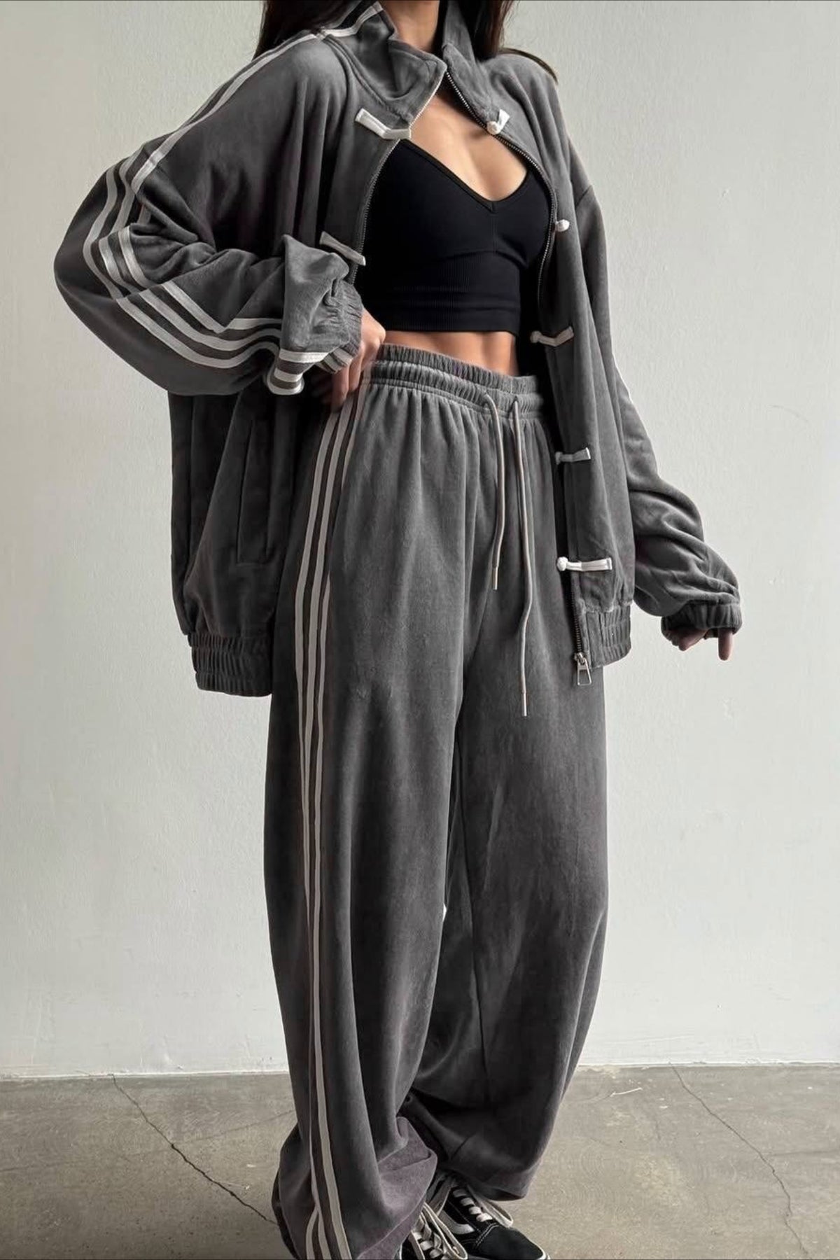 Stand Collar Suede Jacket Wide Leg Two Piece Set