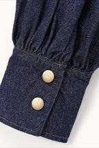 Bow Neck Balloon Sleeve Denim Blouse