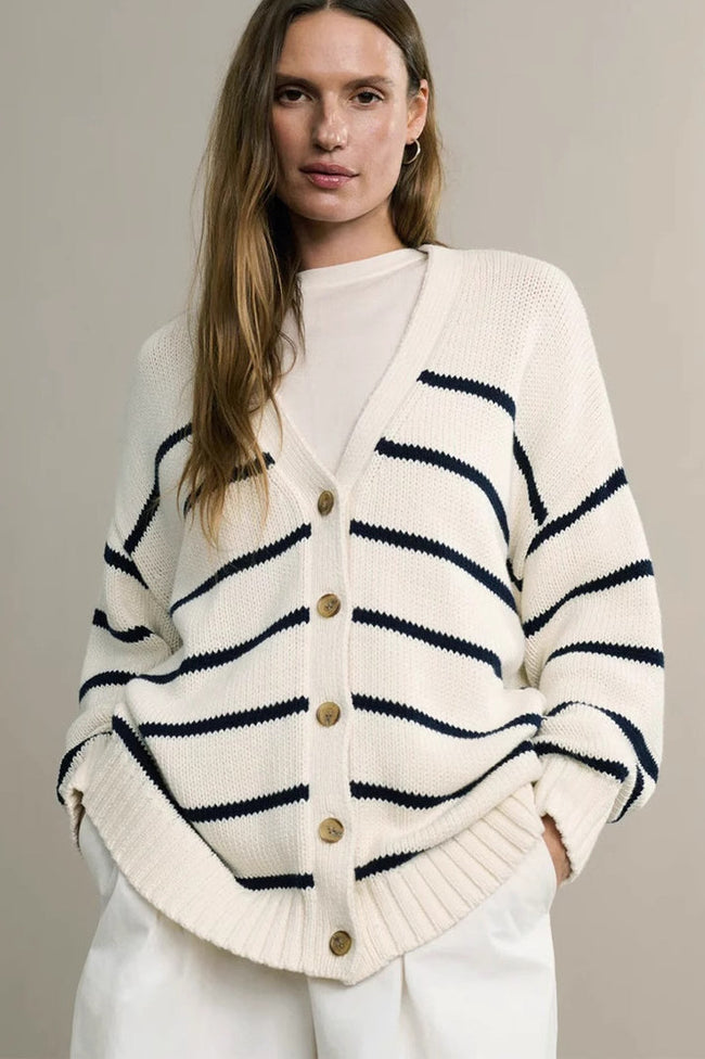 V Neck Striped Cotton Sweater S / White Main image