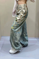 Lace Pearl Chain Printed Vintage Washed Casual Jeans