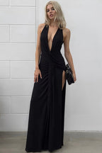 Deep V Halter Ruched Backless High Slit Maxi Dress