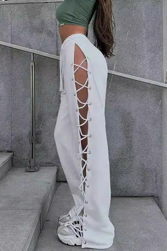 Casual Side Slit Tie Cutout Wide Leg Pants Main image