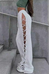 Casual Side Slit Tie Cutout Wide Leg Pants