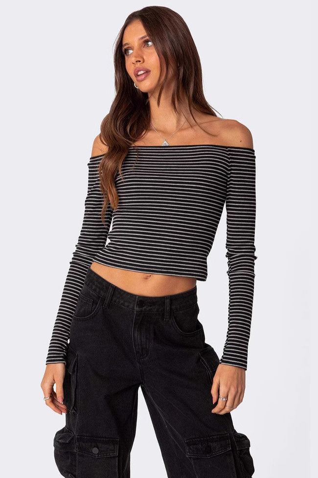 Slim Fit Striped Slit Neck Knit Top Main image