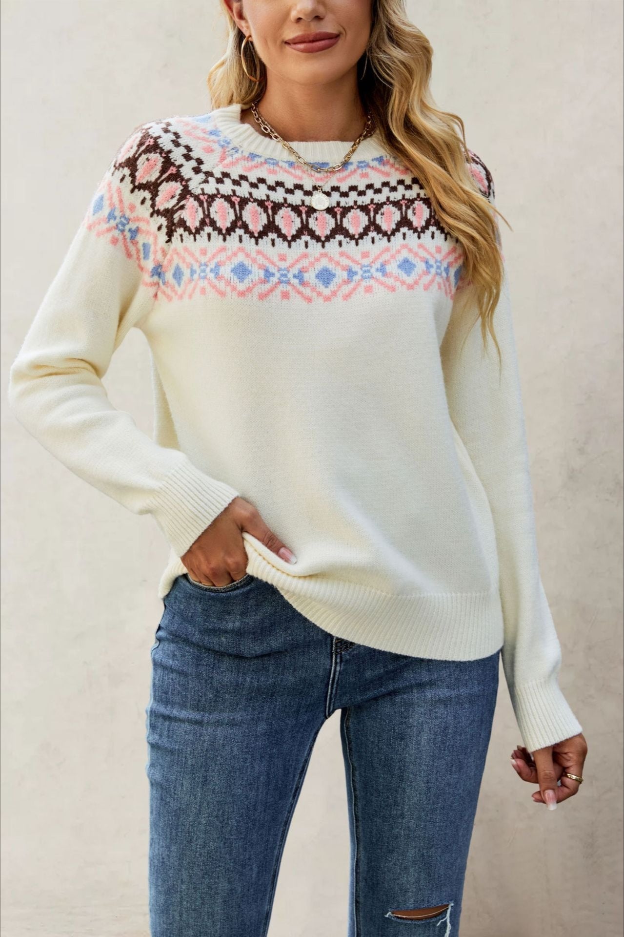 Jacquard Crew Neck Knit Pullover Sweater Secondary image