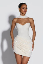 Sequin Draped Scarf Strapless Cocktail Dress