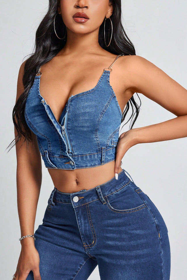 Denim Spaghetti Strap Deep V Crop Top Main image