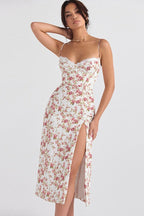 Lace Strap Slit Slim Maxi Floral Dress