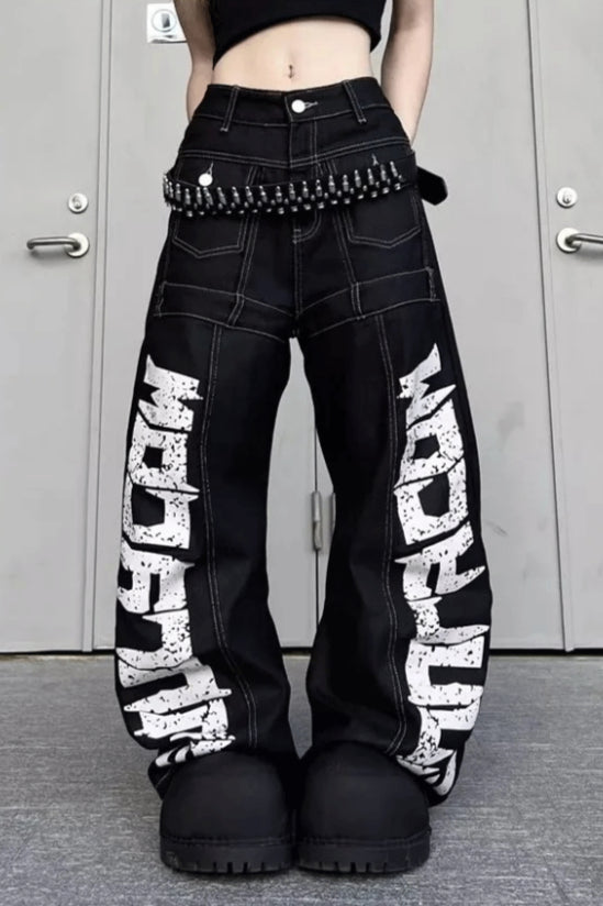 Oversized Typography Wide Leg Jeans