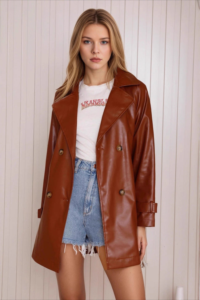 Fashion PU Leather Long Jacket Brown / S Main image