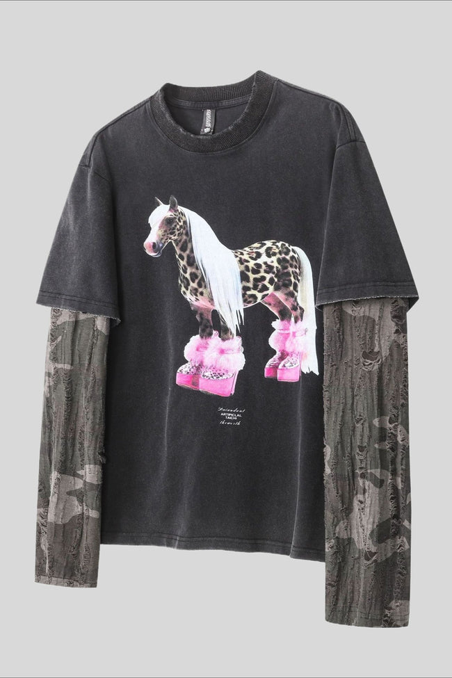 Horse Graphic Camo Layered Long Sleeve T-Shirt Main image